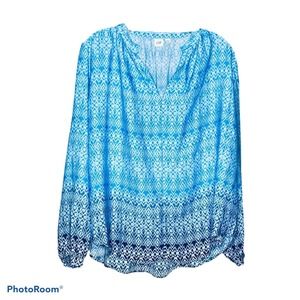 Gap Women's‎ Tunic Top Blue Aztec V-Neck Long Sleeve Pullover Blouse Size Small